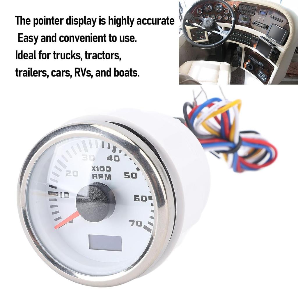 52mm 7000RPM Tachometer with Hourmeter Dynamic 7 Color Backlight DC 9-32V RPM Gauge Versatile Ratio Calibration for Truck Tractor Car RV Boat (White