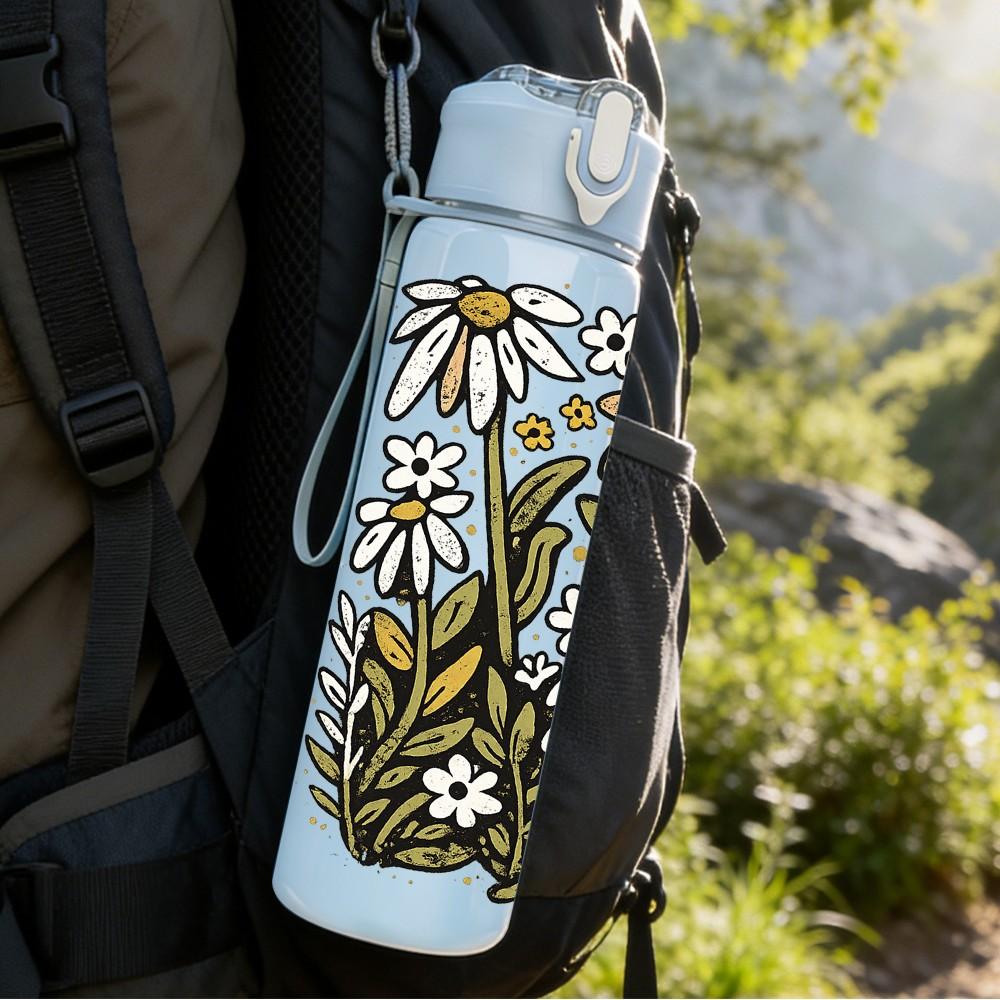 1PC Daisy Wildflower Botanical Print 750ml Color Plastic Sports Water Bottle Leakproof Flip Straw Lid Suitable for Sports Office Home Use