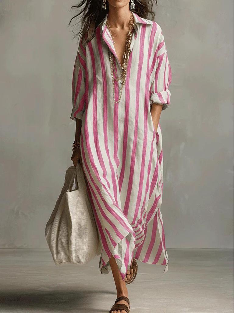 European & American Striped V-neck Summer Shirt Dress with 3/4 Sleeves
