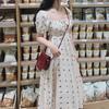 French Floral Milk Tea Dress - Puff Sleeve Waist-Slimming Summer Style for Women