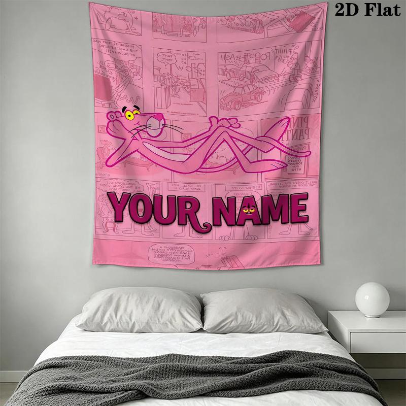 Custom Name Pink Panther Wall Tapestry Aesthetic Wall Hanging Printed Fabric Blanket Decorative Tapestries for Bedroom Living Room Home Decor