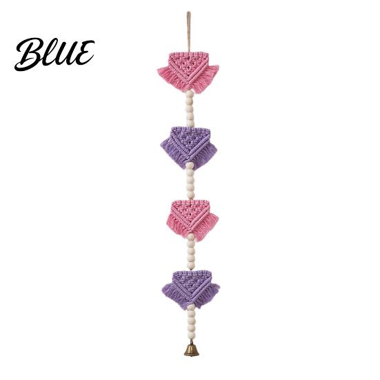 Layered Color Tapestry Knotted Rope Wall Hanging with Bell Braided Triangles Geometric Tapestry Wooden Beads