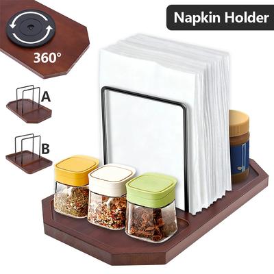 Napkin Holder Metal and Wood Standing Napkin Dispenser with 360° Rotating Storage Base Kitchen Organizer for Counter Decoration