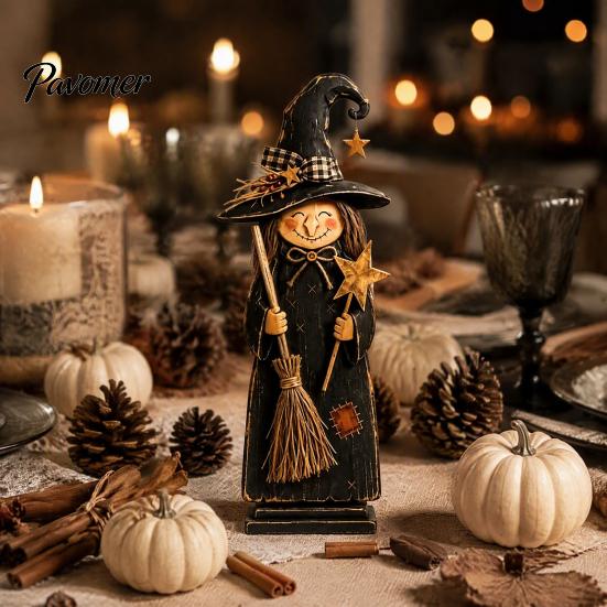Vintage Style Witch Party Supplies Wooden Figurine, Halloween Statues with Decorations for Home Display Broom Pumpkin Black Cat, Fall Farmhouse