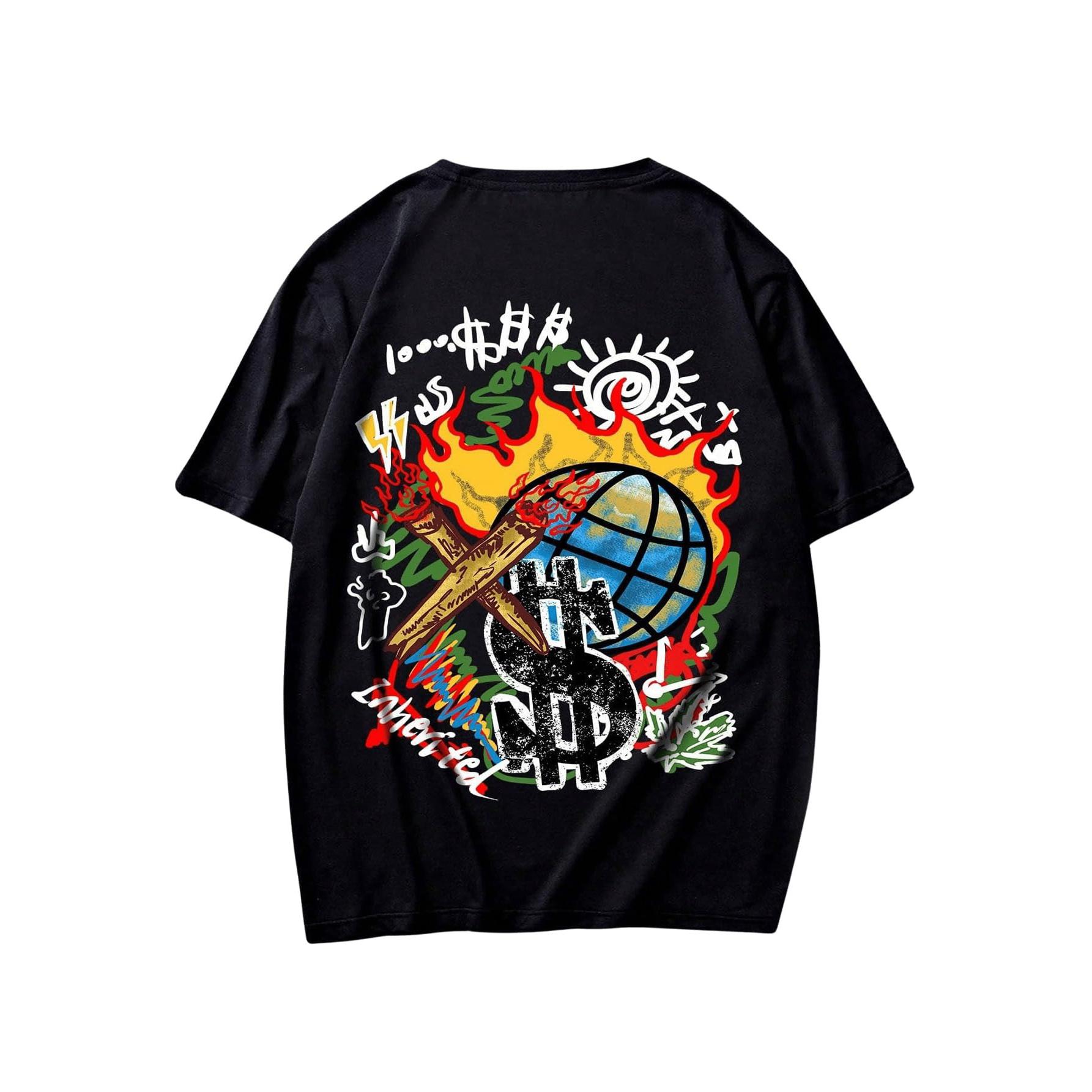 Men s Edgy Streetwear Tee, Front Small Dollar & Back Graffiti Globe Graphic Oversized T-Shirt L чёрный