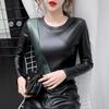 Høst Vinter Langermet Dame Bluse Patchwork Farger Plus Size Skjorte Dame Elastisk Varm Velvet Pu Lær Dame Overdeler
