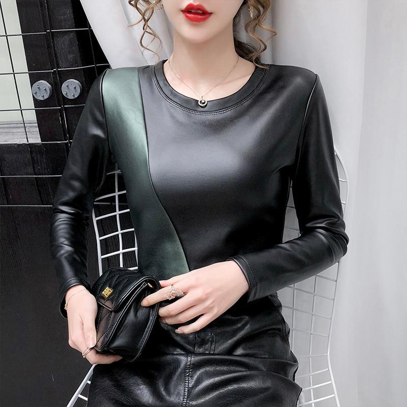 Høst Vinter Langermet Dame Bluse Patchwork Farger Plus Size Skjorte Dame Elastisk Varm Velvet Pu Lær Dame Overdeler