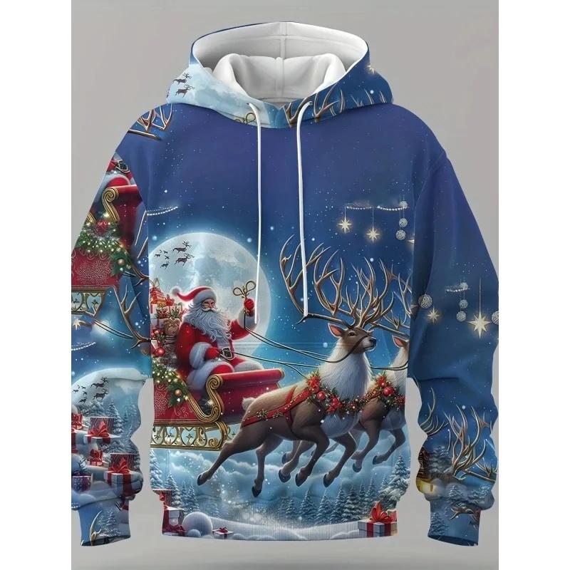 Felpa con Cappuccio a Tema Natalizio Cartone Animato per Uomo Donna Babbo Natale Renna Stampe 3D Felpe Pullover Casual Top Maglia a Maniche Lunghe