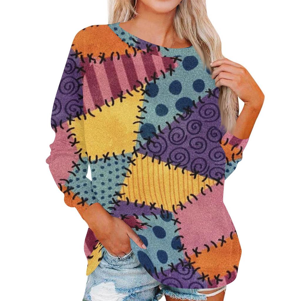 Dámský módní top s kulatým výstřihem, dlouhým rukávem a potiskem, ležérní pulovr
