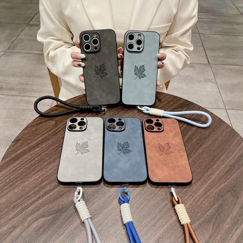 Kryt na telefon s motivem javorového listu, měkký, s šňůrkou, pro iPhone 16 Plus 15 Pro 14 Pro Max 13 12 11, jednobarevný, kožený, nárazuvzdorný, tenký, matný zadní kryt