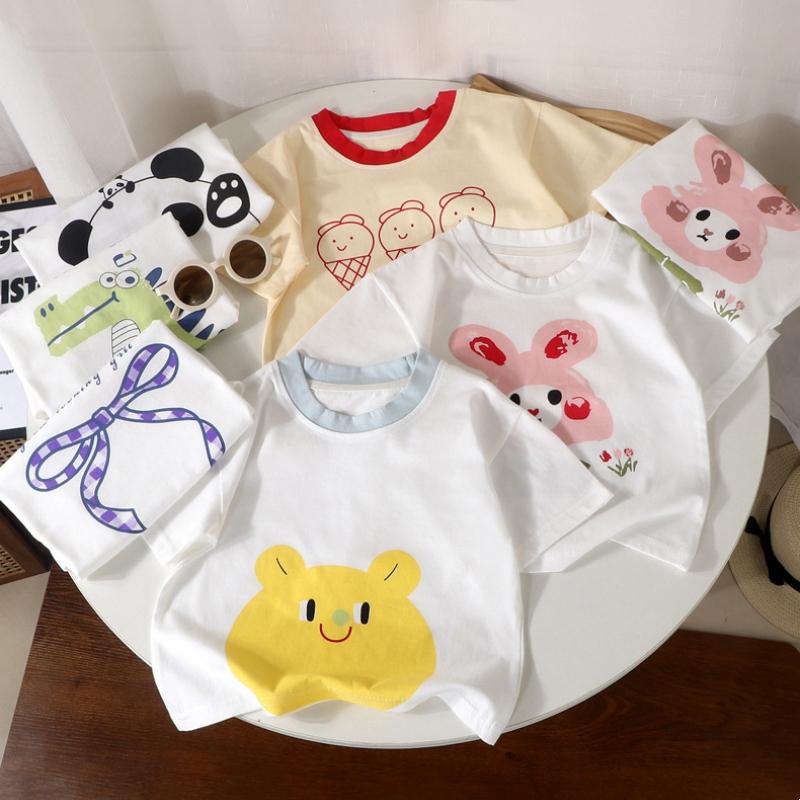 Boys T-shirts Summer Tops for Kids Cartoon Short-sleeve Girls Tees Candy Color Children Shirts Cotton Teenager Clothes