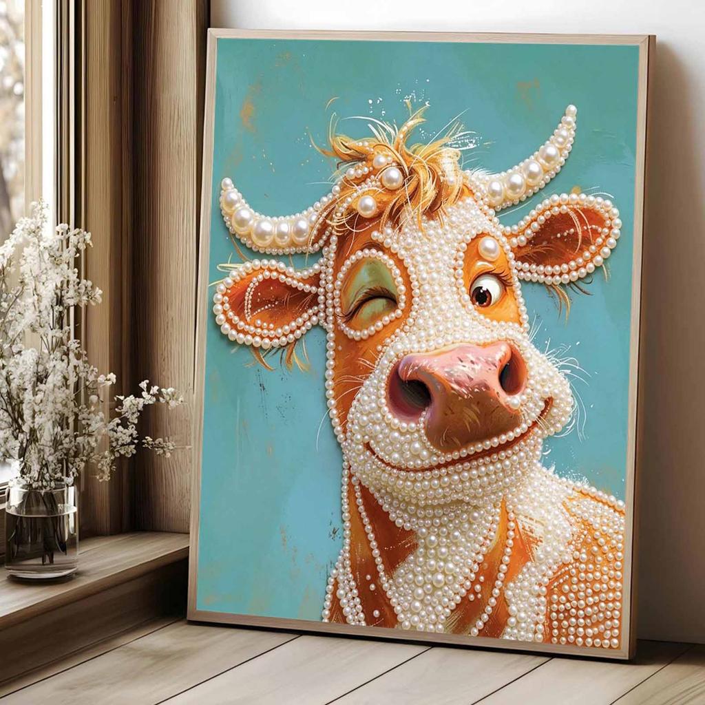 Stretched Frame Pearl Art Kit Winking Cow Pattern DIY Sparkling Bead Canvas Relaxing Hobby Gift for Craft Lovers Creative Projects