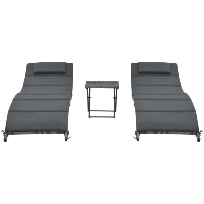VidaXL Ensemble de chaises longues pliables 3 pcs Résine tressée Gris