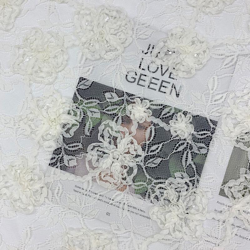 Pink Lace Fabric Roll with 3D Flower, Bead, and Sequin Embroidery for Children's Clothing Accessories