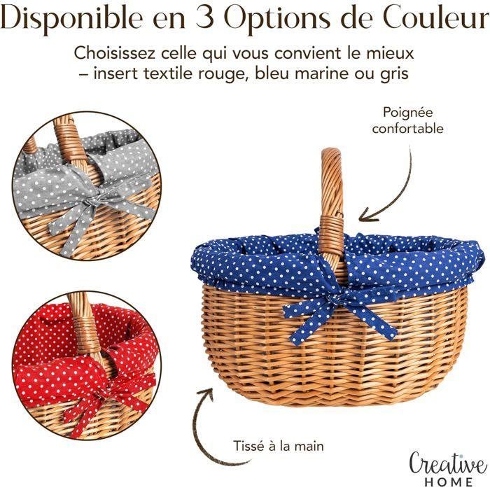 Panier pique-nique - CREATIVE HOME - Osier Pois Bleu Marine - 43x32x37 cm - Osier naturel - Ficelles amovibles