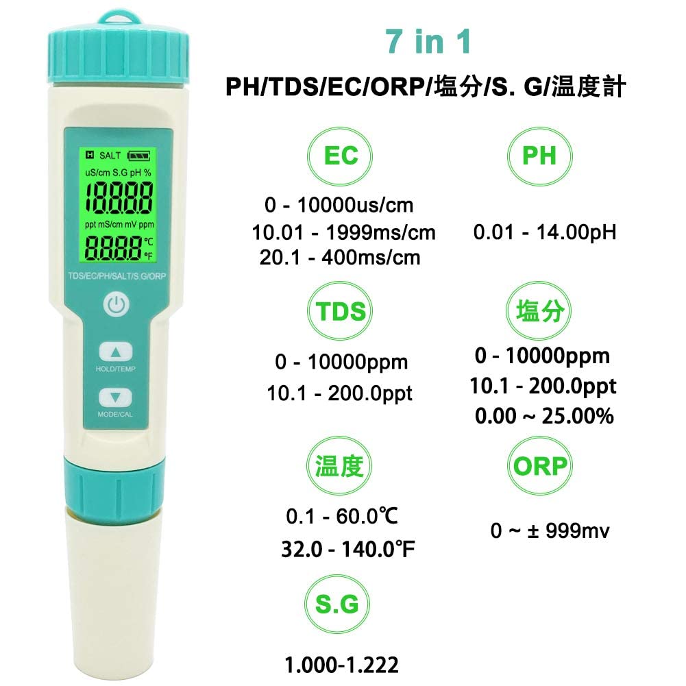 TDOFYH 7-in-1 Water Quality Tester pH/TDS/EC/ORP/S.G/Salinity/Temp, Replaceable Electrode, Backlit, for Aquariums, Drinking Water, Pools