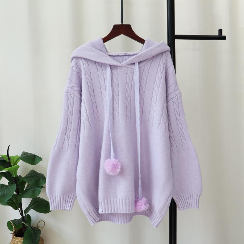 

Мягкий восковой вязаный свитер с капюшоном, новый осенне-зимний, свободный, молочный фуфу, ленивый ветер, пуловер для женщины one size fits all фиолетовый