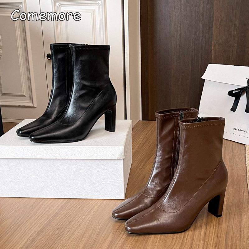 Brown High Heel Ankle Boots Women Chunky Heeled Pointed Toe Side Zipper 2025 New Autumn Winter Versatile Fashion Footwear Botas