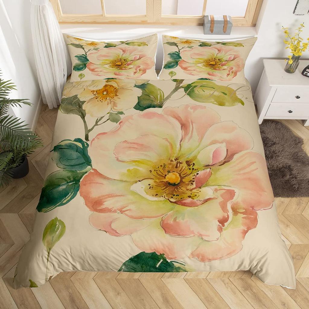 Vintage Flower King Full Queen Duvet Cover Retro Pink Floral Comforter Cover Rose Green Leaves Bedding Set Polyester Quilt Cover
