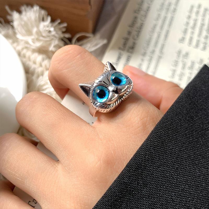 Retro Modrý Kočičí Prsten pro Ženy Gotický Slitina Zinku Sterlingová Slitina Zinku Nastavitelný Prsten Roztomilé Kotě Zirkon Trendy Unisex Doplňky Dárek