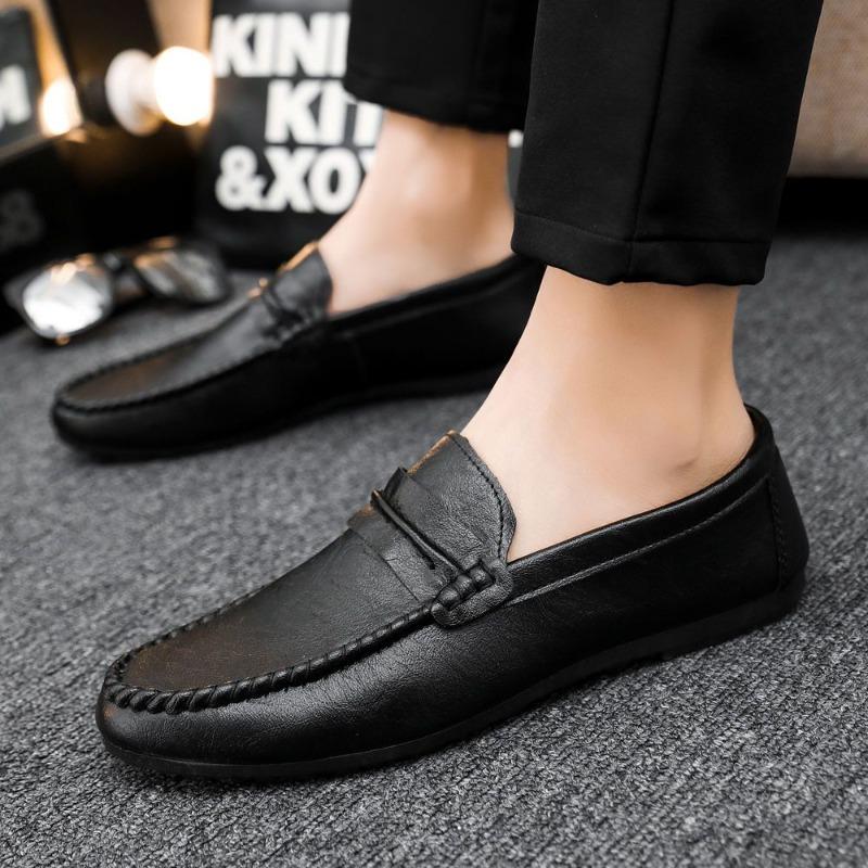 Man Casual Shoe Business Round Toe Moccasin Leather Shoes for Men Soft Flat Dress Loafers Formal Black Comfortable Fashion