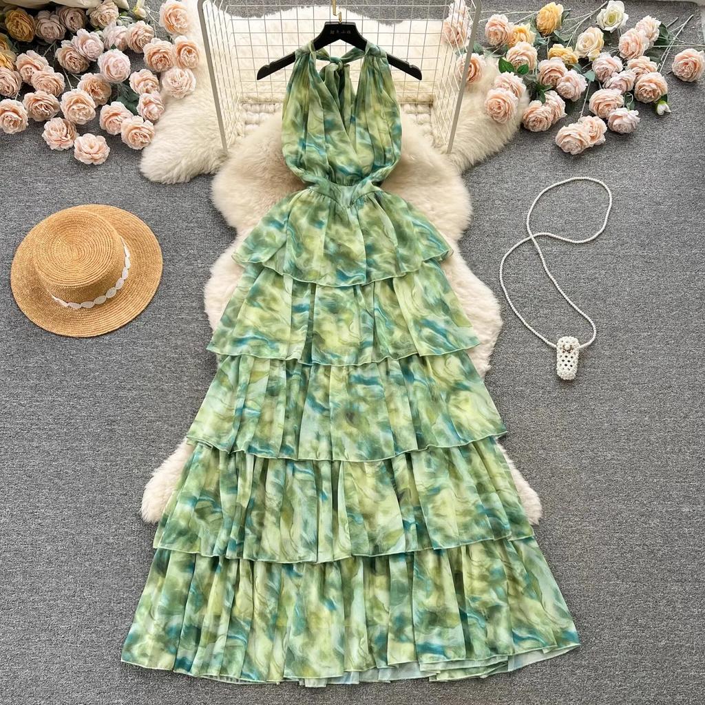Summer Green Tie Dye Chiffon Cascading Ruffles Beach Sundress Women's  Halter Bandage Backless Print Cake Long Holiday Dresses Buy cheaply on Joom