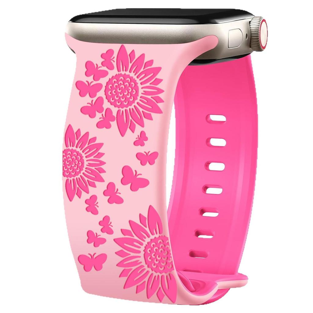 Two-Color Laser Engraved Butterfly & Flowers Silicone Apple Watch Band