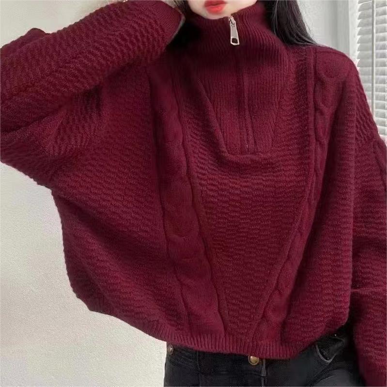 2025 New Women's Loose Japanese Style Half-Zip Cable Knit Turtleneck Sweater for Autumn and Winter
