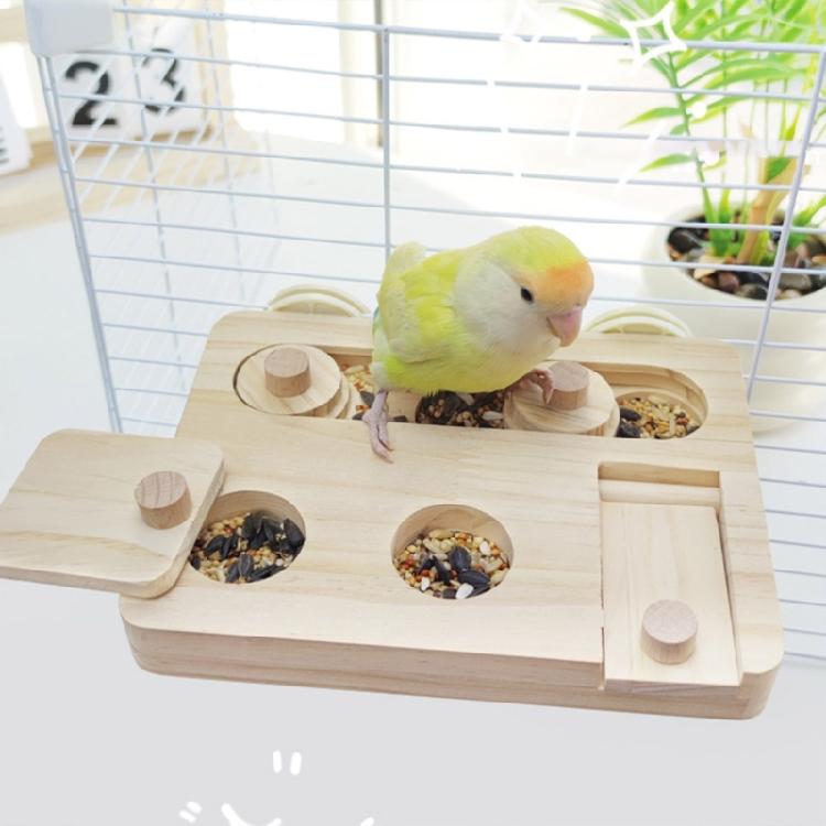 Parrots Entertainment Platform With Wood Construction Wooden Bird Foraging Puzzle Toy Cage-Mounted Enrichment Play Stand