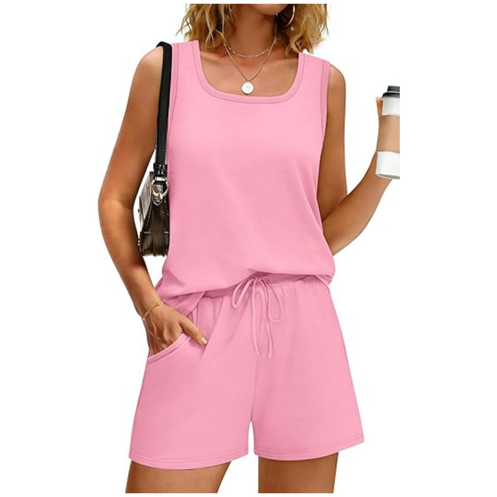 

Women s Fashionable Loose Sleeveless Top + Shorts Casual Two-Piece Set XXL рожевий
