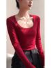 Women's Slim-Fit Wine Red Long Sleeve T-Shirt, 2025 Autumn/Winter, Skin-Whitening, Large Neckline.
