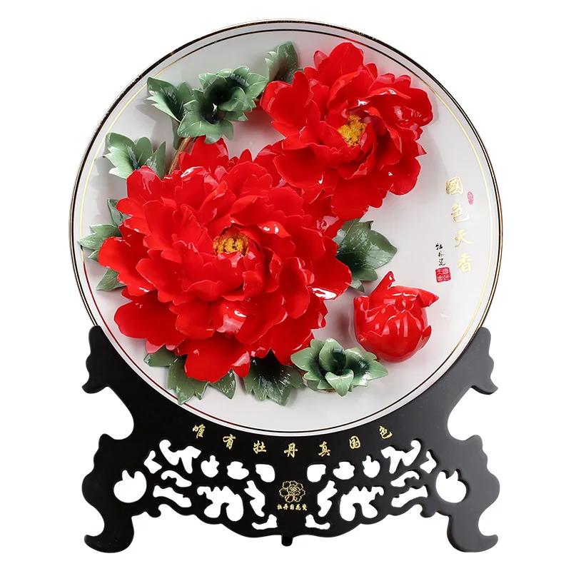 Home Living Room Decoration Hanging Plate, Chinese Ceramic Handmade Art Gold Border Peony Flower Porcelain Plate, Gift Box