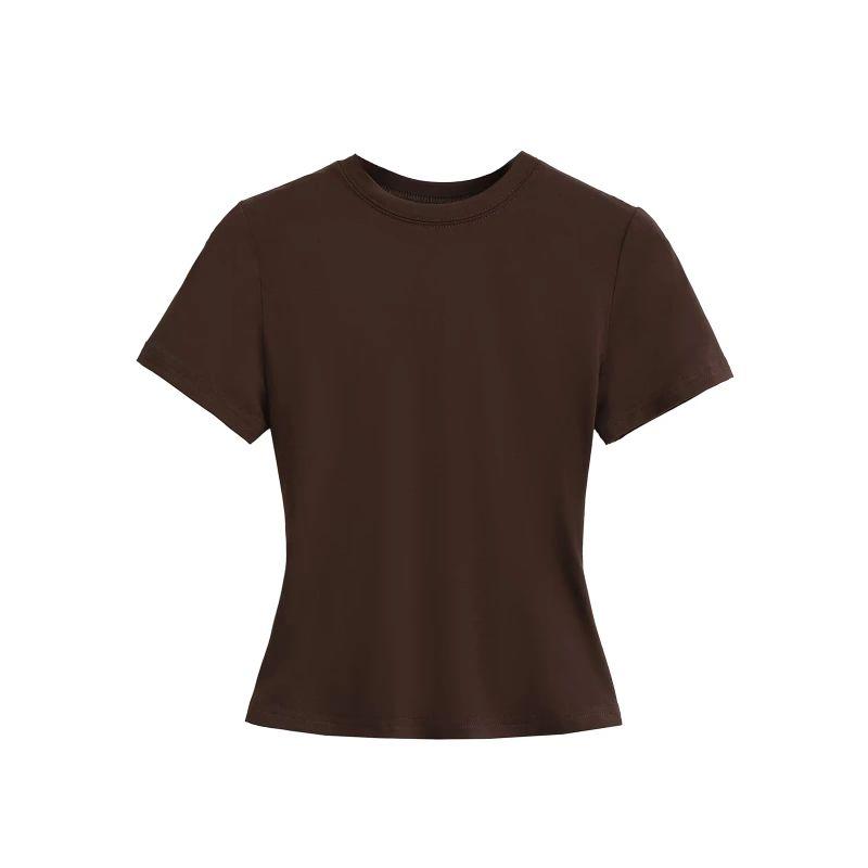 

Basic Must Buy Product! Sexy Stretch Silm round Neck Short Sleeve T-shirt Female Xiacnee Want Slim Looking Short Elastic Tops COCOA BROWN M