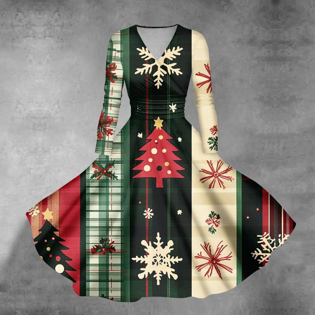 Women's Casual Fashion Christmas Printed Long Sleeve V-Neck Sexy Pocket Dresses