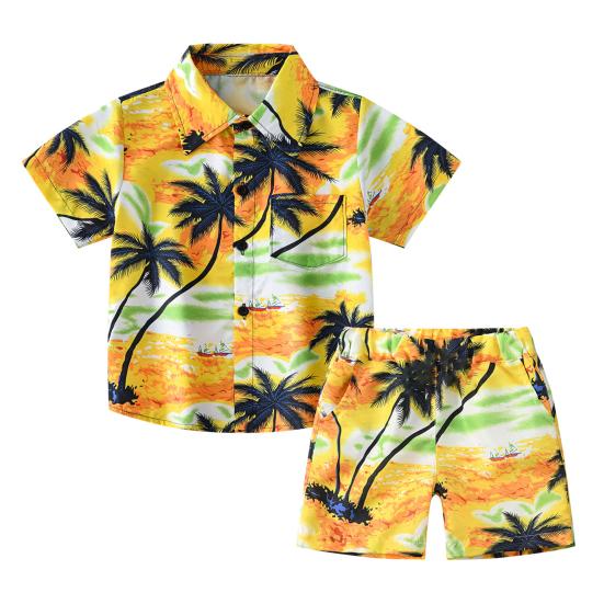 Ensemble Tenue Hawaïenne pour Petit Garçon Chemise à Manches Courtes et Short Motifs Feuilles de Palmier Coucher de Soleil Enfants Bord de Mer Style Noix de Coco Costume Respirant Décontracté Vêtements d'Été pour le Quotidien