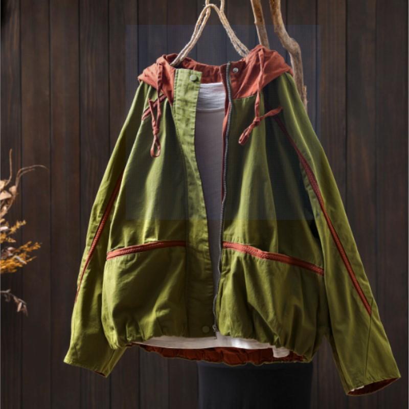 

Johnature Women Vintage Patchwork Color Hooded Jackets Zipper Pockets Autumn Loose Casual Jackets One Size