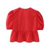 Women Summer Casual Cropped Tops O-neck Puff Short Sleeve Pullover Tops Ruffle Hem Back Lace-up Solid Color Thin Tees