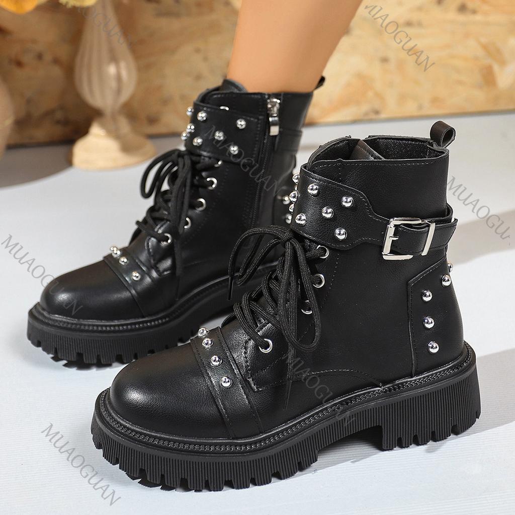 Modne Czarne Botki na Grubej Podeszwie z Nitami dla Kobiet w Stylu Punk z Klamrą Paskową Wiosna Jesień Damskie Buty Modne Podwyższające Krótkie Botki