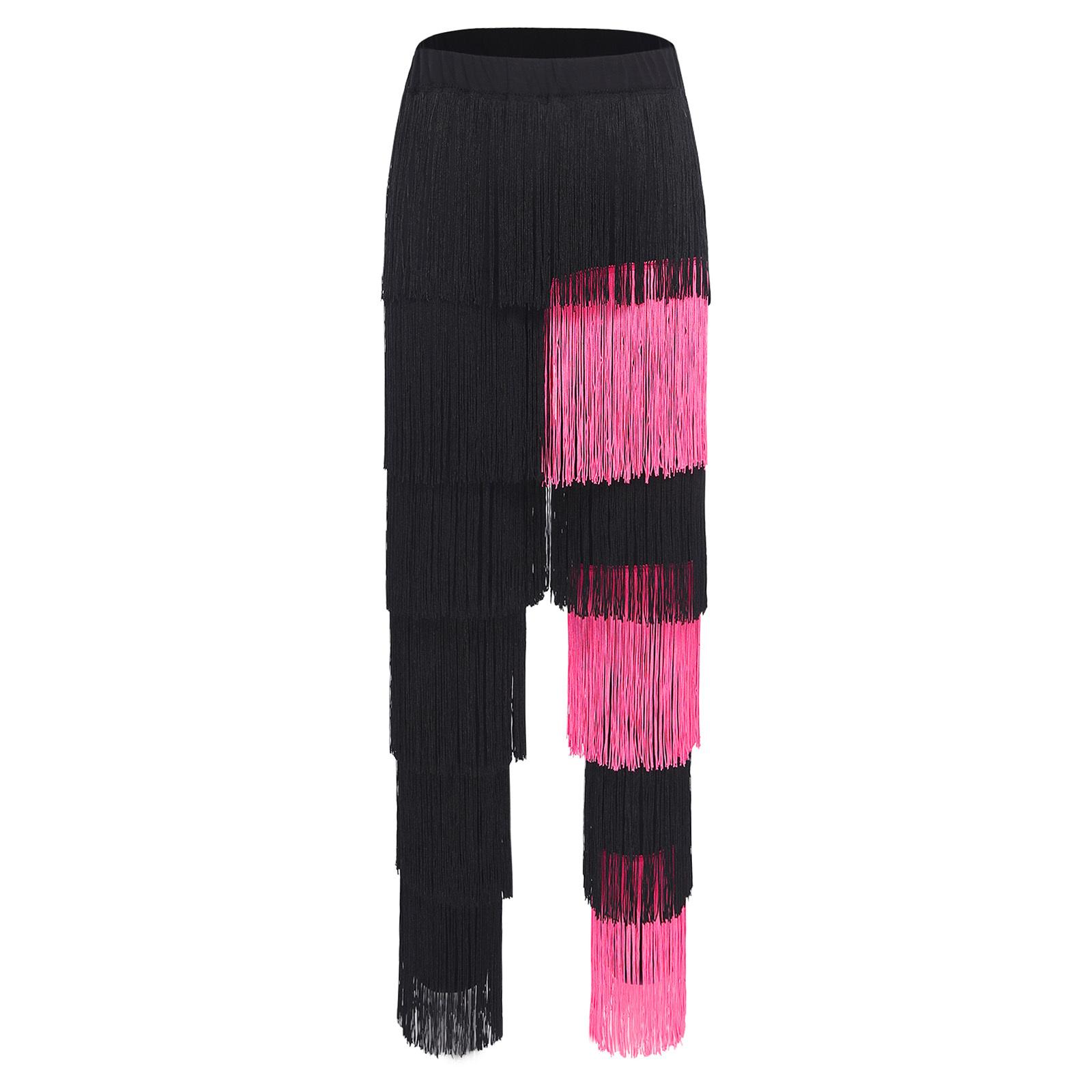 

Жіночі штани для латиноамериканських танців Еластична талія Деталь з бахромою Контрастний колір Дизайн з китицями Костюм для ча-ча танго XXL рожевий/чорний