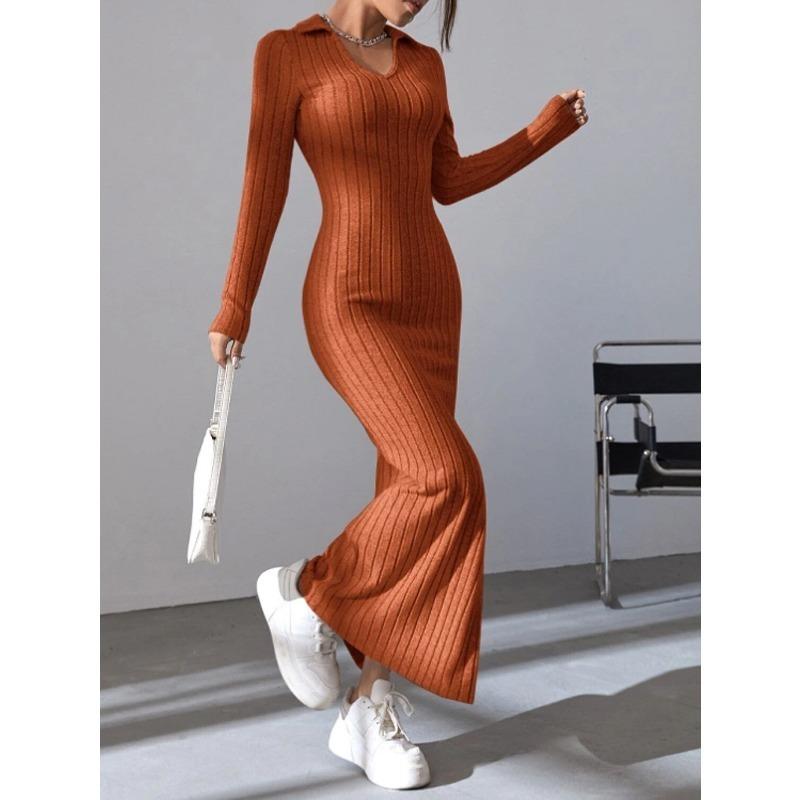 YYFS Women's Fashion Spring Fall Solid Color Print Long Sleeve POLO Neck High Waist Casual Dresses