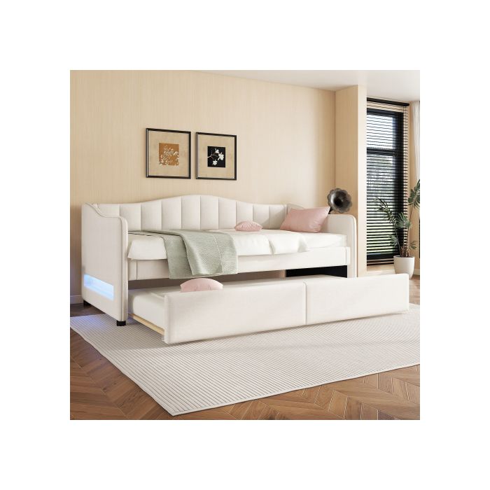 Lit de jour - Minimaliste - 90x200 cm - Beige - Lit escamotable - Lumière LED réglable