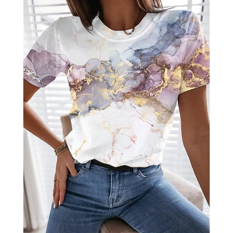 Colorful Flower and Butterfly 3D Printed T-shirt, Women's Round-neck Short-sleeved T-shirt, Women's Clothing