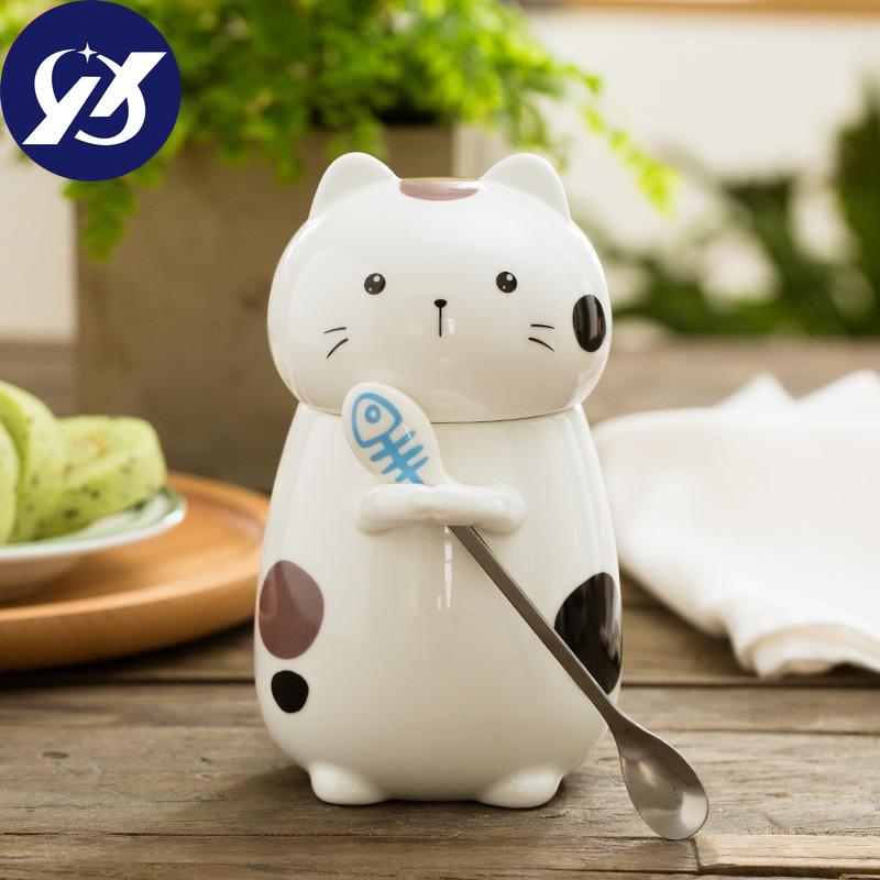 Super Cute 3D Animal Cat Cute Ceramic Water Cup Lovers Creative Large Capacity Mug with Cover Coffee Cup