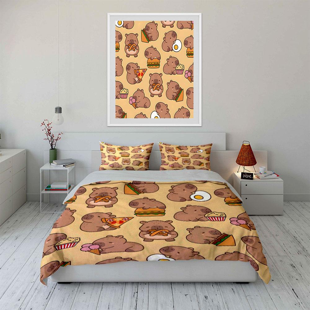 Capybaras eating various foods. Bedding sets Duvet cover sets Duvet covers Pillowcases(1 * Duvet Cover 2 * Pillowcases without duvet insert)