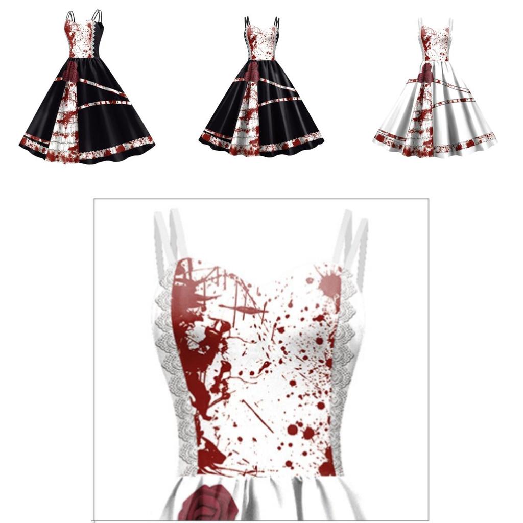 Jialin Halloween Dress For Women Scary Printed Sleeveless Costume Dress Summer)
