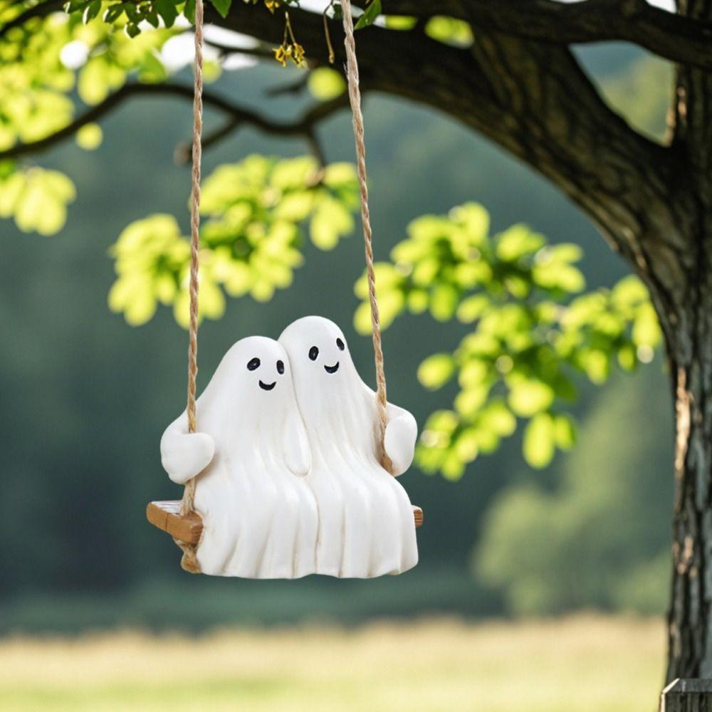 Cute Swinging Ghost Couple Ornament Aesthetic Ghost Swing Decoration Ghost Statue Pendant  Tree