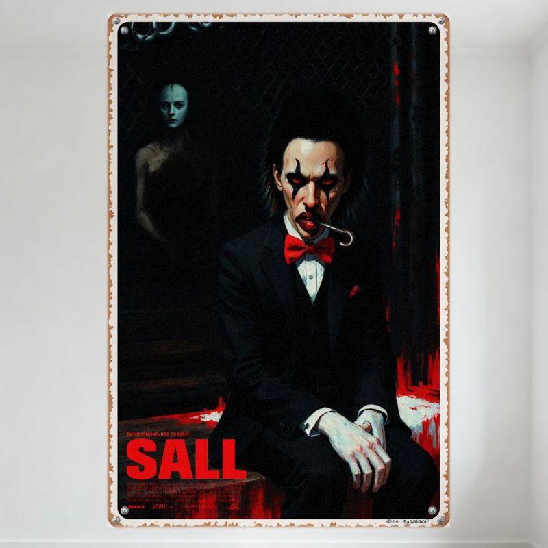 

Gothic Horror Vintage Metal Tin Sign, Man in Black Suit with Red Makeup, Eerie Shadow Figure, SALL Text, Retro Poster Wall Dec 20x30cm（7.8x11.8inch）