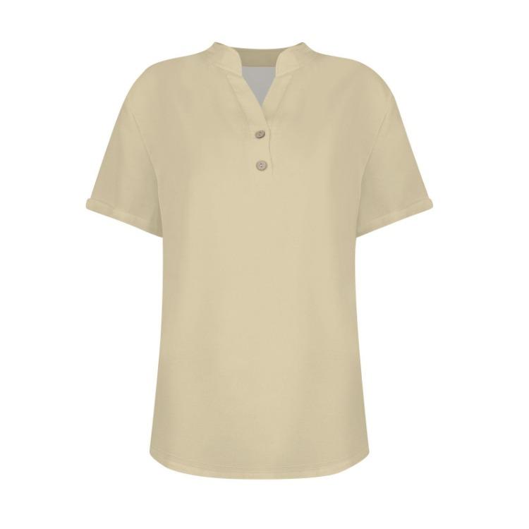 Women Casual V Neck Short Sleeve Button Down Shirt Solid Color T Shirt Top Fashion