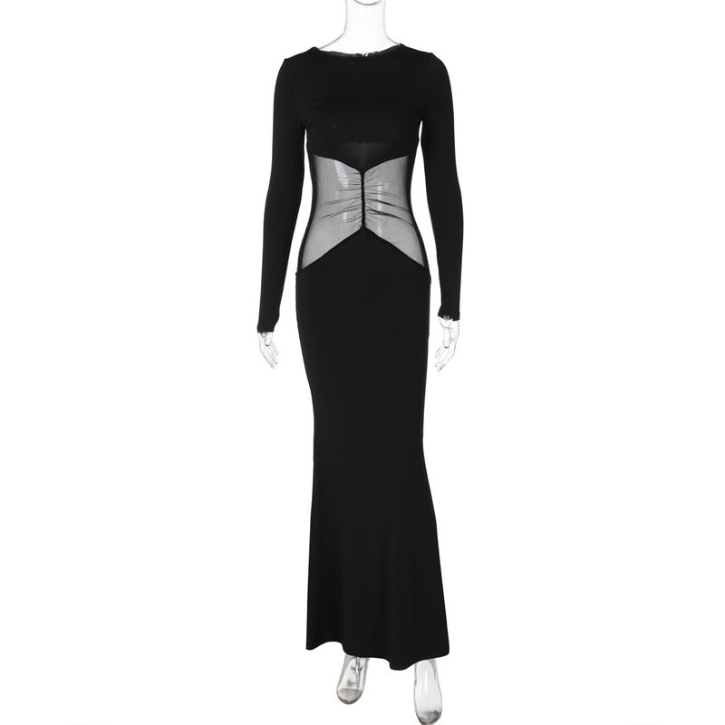Outfitgirl Loose-Fit Sexy round Neck Pullover Long Sleeve Mesh Slim Fit Patchwork Hip-Wrapped Dress Slim Looking Dress