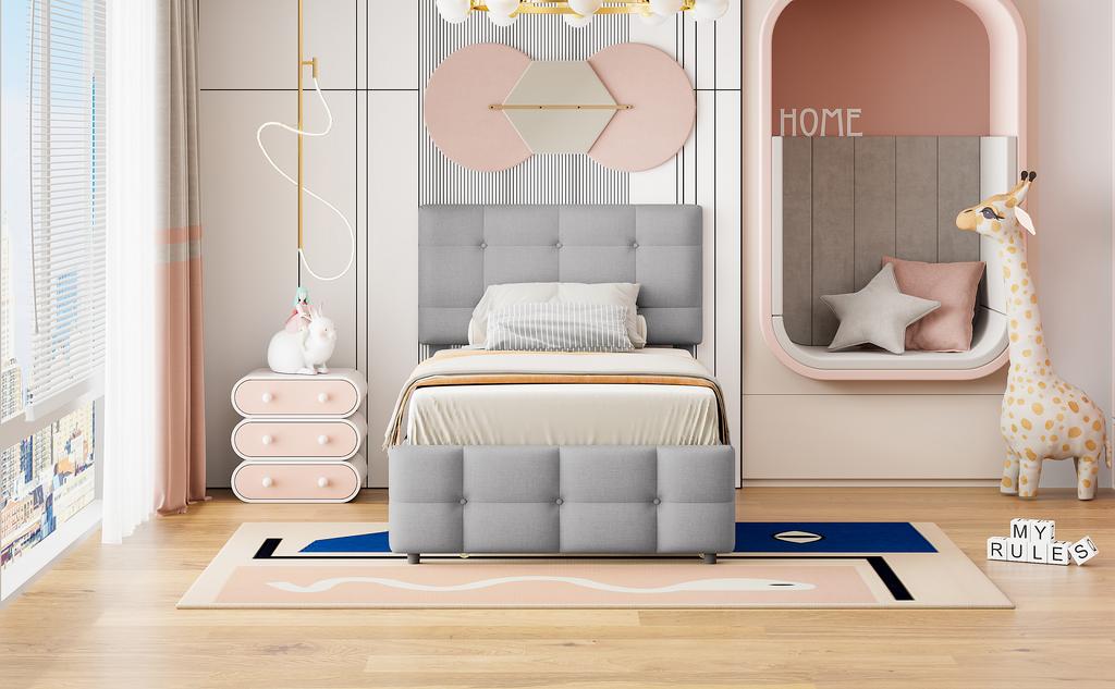 Upholstered Bed 90 X 200 Cm, Pull-out Children's Bed, Adjustable Headboard, Skin-friendly Linen Upholstery, Flat Single Bed Youth Bed Guest Bed (Grey)